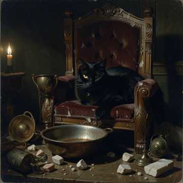 A black cat reclines on a red velvet throne in a candlelit room, with scattered antiquities in the foreground.