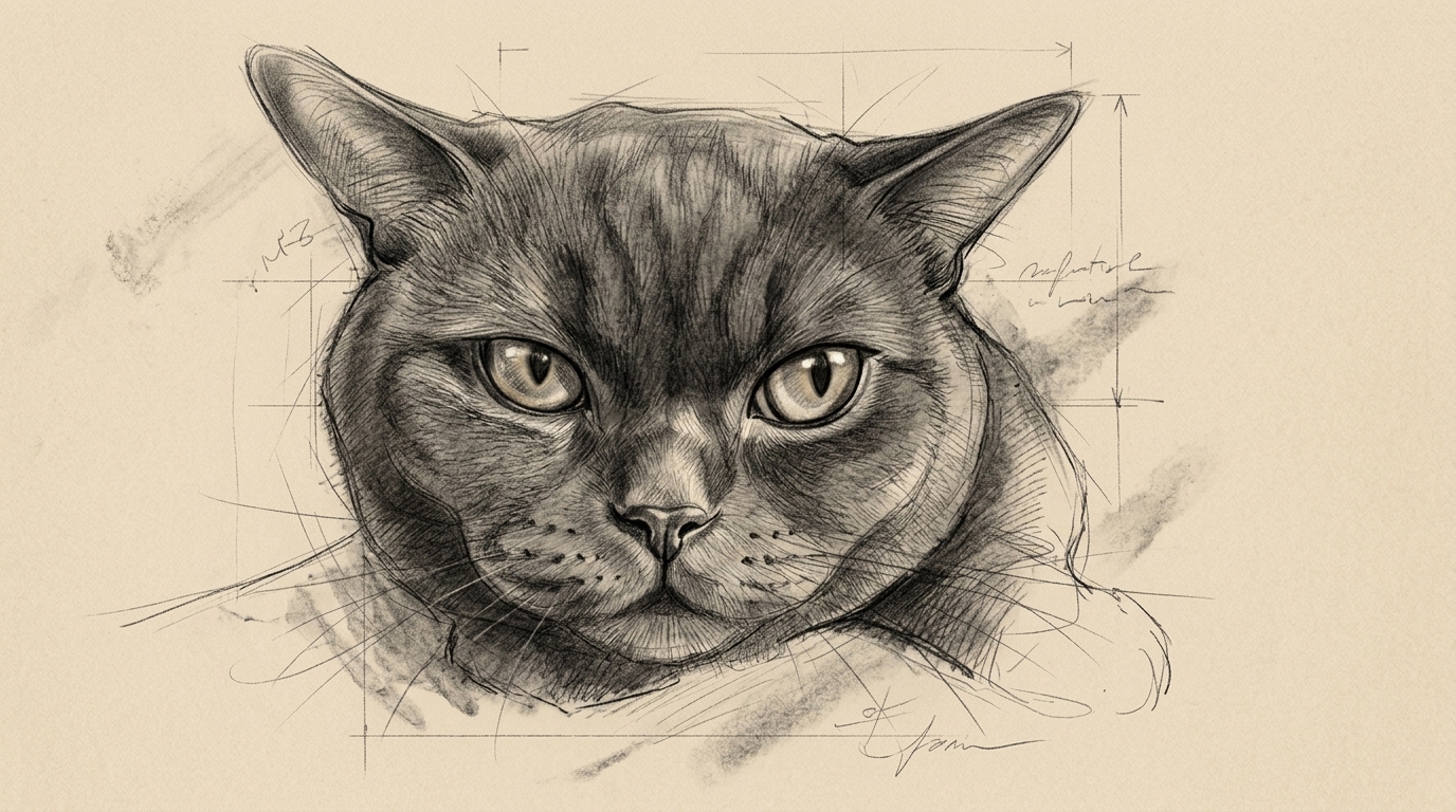 Case-file portrait of Akina, a black British Shorthair, in graphite on archival paper; no historical source verifies her presence.